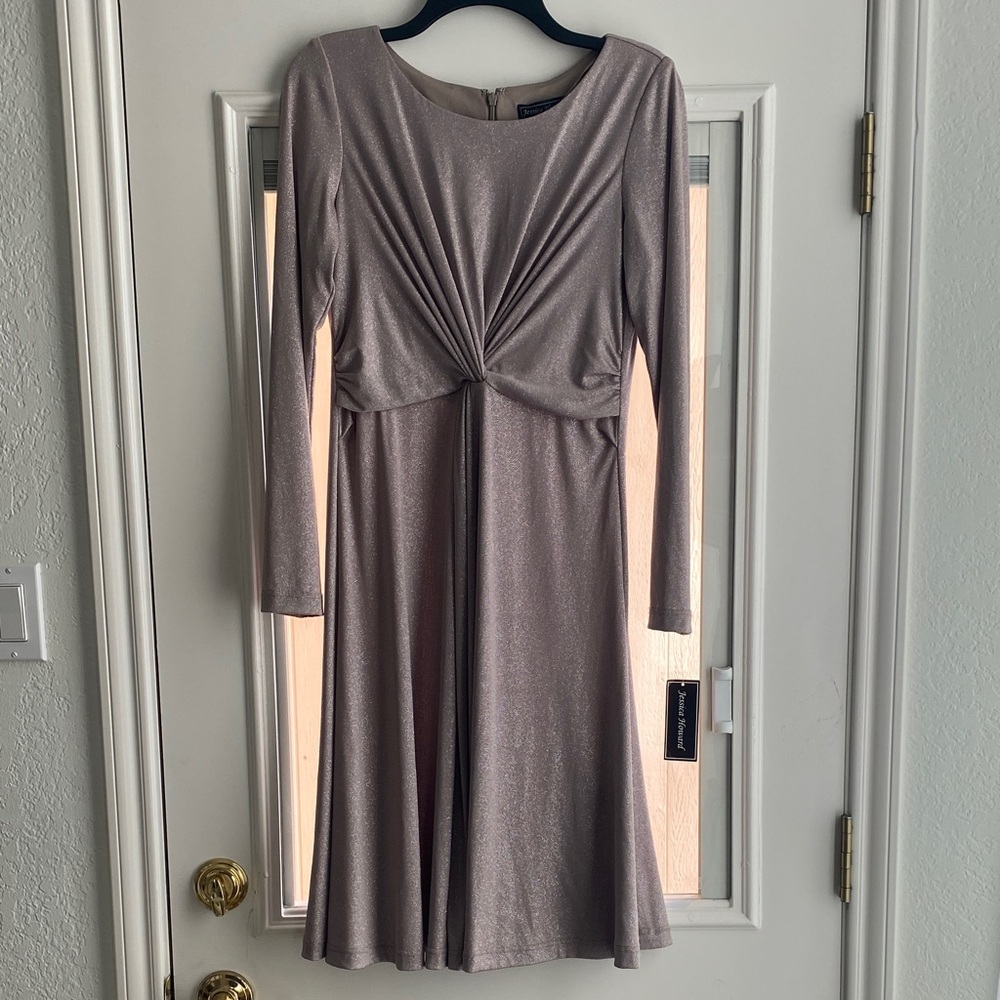 Jessica Howard Silver Metallic Twist-Front Long Sleeve Dress